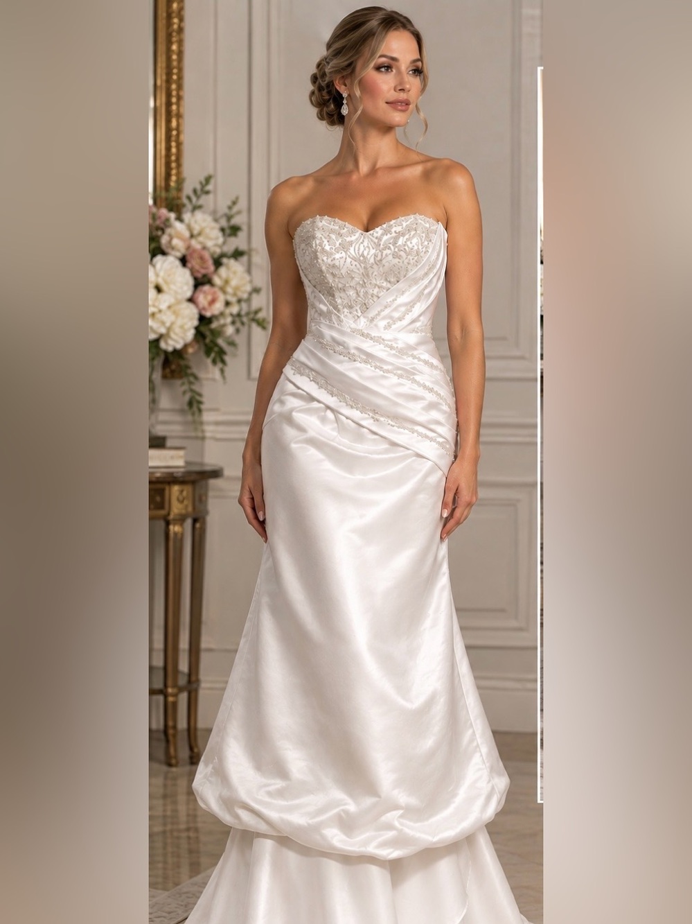 Strapless White Satin Bridal Gown with Lace Bodice